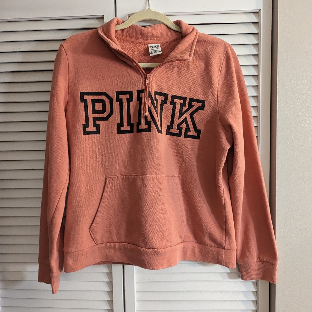 PINK Victorias Secret Fleece Lined Quarter Zip Pullover Hoodie Sweatshirt Size L